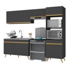 Armário de Cozinha Compacta 252cm Veneza Multimóveis V3749, Preto/Dour