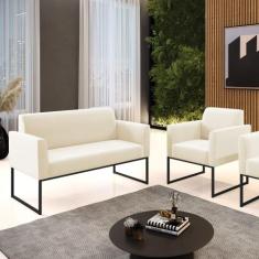 Sofá Namoradeira com Poltrona Base Industrial Preto Marisa Veludo Bege