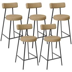 Kit 05 Banquetas Baixa Para Cozinha Sala De Jantar Bancada Milão L02 Linho Bege Escuro - Lyam Decor