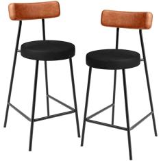 Kit 02 Banquetas Baixa Cozinha Sala Jantar Bancada Milão L02 Couríssimo Camel Preto