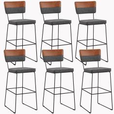 Kit 06 Banquetas Altas Faixa Camel Linho Cinza Escuro