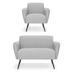 Sofá Namoradeira com Poltrona Pés Palito de Ferro Bruna Suede - D'Ross