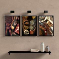 Kit 3 Quadros Esporte Tênis Vintage 33X24Cm Com Vidro Preta