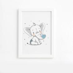 Quadro Elefante e Coração Azul Moldura Branca 22x32cm - Quartinhos