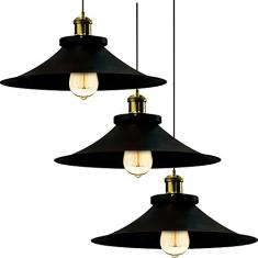 Kit 3 Pendentes Nordic Industrial 38 Cm Preto com Dourado