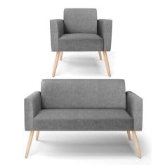 Sofá Namoradeira Com Poltrona Pés Palito Natural Marisa Linho Grafite 