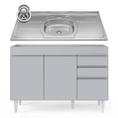 Balcão De Cozinha Com Pia Inox 120cm 3 Portas Michigan Cinza Claro - Lumil