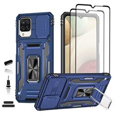 LMDAMZ Capa resistente para Samsung Galaxy A12 (5G), camada dupla híbrida de camada militar, protetor de amortecedor de borracha com protetor de câmera deslizante, suporte giratório de 360 graus