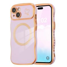 ZTOFERA Capa magnética para iPhone 14 de 6,1 polegadas, linda capa ondulada encaracolada com estampa de coração de amor, borda banhada de luxo, proteção total para câmera, à prova de choque, capa de