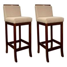 Kit 2 Banquetas Alta com Encosto Turim Madeira Castanho Linho Bege CCS