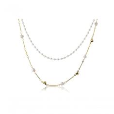 Colar Duplo Com Corrente De Pérola E Mini Corações Dourados Folheado Em Ouro 18k