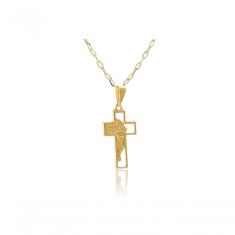 Colar Com Pingente De Cruz E Face De Jesus Folheado Em Ouro 18k