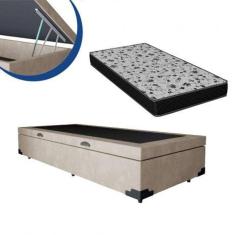 Cama Box Baú Solteiro Colchão Espuma D33 Bordado + Box Bege Suede 53x88x188