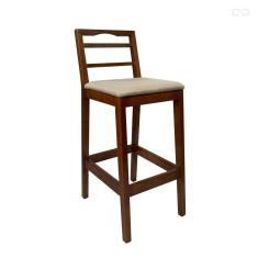 Banqueta Alta de Madeira Estofada para Bancada Grécia Castanho Linho Bege CCS