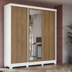 Guarda Roupa Casal CB03N577 3 Portas de Correr 4 Gavetas com Espelho Branco-Nogueira Verde oliva Kappesberg