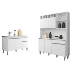 Balcão De Pia Tatiane 120 Cm E Armário Cozinha Kit Alice Branco Brilho - Ajl