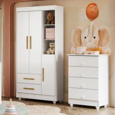 Quarto de Bebê Guarda Roupa 3 Portas e Cômoda 100% MDF Nina  Branco