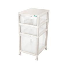 Ordene - Gaveteiro Plástico de 3 Gavetas com Rodinhas para Locomoção, Tamanho Retangular Médio, Cor Cristal com Branca, Linha Vig