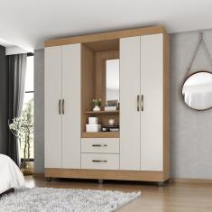 Guarda Roupa Capela Lite Com Espelho 4 Portas e 2 Gavetas Nature Off White