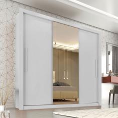 Guarda Roupa Casal Panama 3 Portas de Correr 4 Gavetas MDP-MDF com Espelho Branco Salleto Moveis