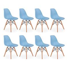 Conjunto 8 Cadeiras Charles Eames Eiffel Wood Base Madeira - Azul Claro
