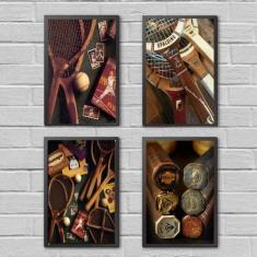 Kit 4 Quadros Esporte Tênis Vintage 24X18Cm Com Vidro Preta
