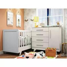 Quarto de Bebê com Berço 2 em 1 e Cômoda 100% MDF Retrô Kakau  Espresso Móveis Branco Brilho