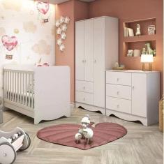 Quarto de Bebê Completo com Guarda Roupa Berço 3 em 1 e Cômoda 100% MDF Ben Móveis Peroba Branco Brilho