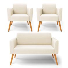 Sofá Namoradeira com 2 Poltronas Pés Palito Castanho Marisa Veludo D03 - D`Rossi