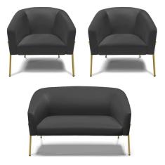 Sofá Namoradeira E 2 Poltronas Pé De Ferro Dourado Stella Corino D03 - D`rossi Cor Preto