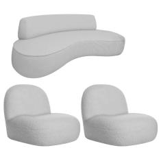 Sofá Curvo 140cm 2 Lugares E 2 Poltrona Amsterdã Linho - Adj Decor Cor Cinza Claro