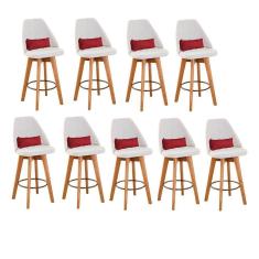 Kit 09 Banquetas Alta Maya Giratória Com Encosto Gourmet Linho Bege e Almofada Suede Vermelho - Aurora Line