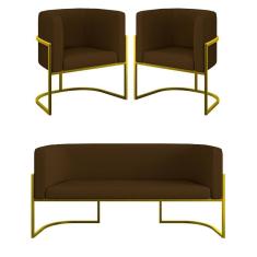 Kit 2 Cadeiras Poltronas + Sofá 2 Lugares Base Gold Corino Marrom