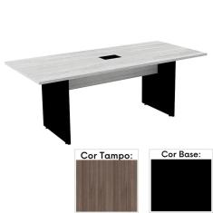 Mesa de Reunião com Caixa de Tomada Retangular 200x90 cm Pé Painel PE25 em MDP Walnut e Base Preta