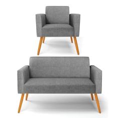 Sofá Namoradeira Com Poltrona Pés Palito Castanho Marisa Linho Grafite A26 D03 - D`rossi