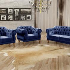Conjunto Sofá Duquesa Chesterfield 2 Lugares e 2 Poltronas Azul Marinho
