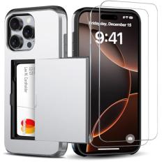 Benbenjaytek Capa carteira para iPhone 16 Pro com suporte para cartão + 2 protetores de tela de vidro temperado protetor à prova de choque com compartimento oculto para cartão, capa fina feminina e