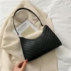 Bolsa Baguete Pequena de Ombro/Mão Alça Curta bordada V - haway, Preto