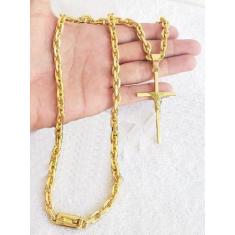 Cordão Banhado A Ouro 18k Modelo Cadeado 8mm + Pingente Cruz Fio - ToJ
