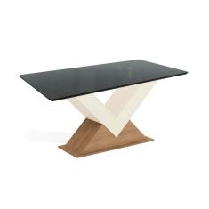 Mesa p/ Cozinha Amora c/ Tampo Madeirado c/ Vidro 90x180cm Freijo/Off White/Preto fosco/Vidro preto - Kappesberg