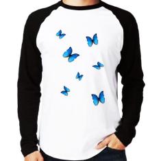 Camiseta Raglan Borboletas Azuis Manga Longa - Foca na Moda, Branco, P