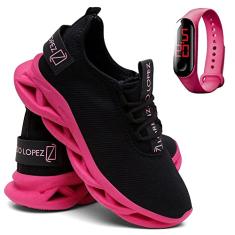 Tênis Feminino Esportivo Corrida Academia e Relógio - Preto/Rosa - 34