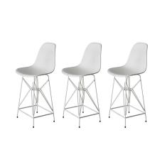Kit 3 Banquetas Bistrô Alta Eames Eiffel Branca Base Ferro Branco