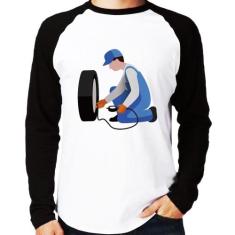 Camiseta Raglan Borracharia Manga Longa - Foca na Moda, Branco, Preto,