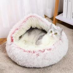 Cama para gatos redonda e fofa com capuz para gatos, cama caverna antiansiedade com cobertor com capuz, cama aconchegante para animais de estimação, fundo antiderrapante e lavável na máquina (rosa,