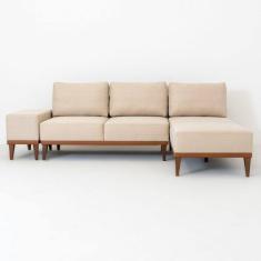 Sofá 2 Lugares 1 Chaise e 1 Puff Base em Madeira com Mola Ensacada Boreal CabeCasa MadeiraMadeira Bege