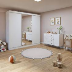 Quarto Infantil Guarda-Roupa 3 Portas de Correr e Espelho Elô e Cômoda Aurora Branco