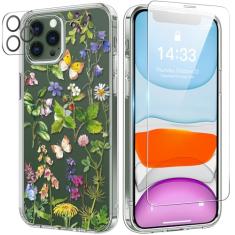 bicol Capa para iPhone 11 Pro com protetor de tela e protetor de lente de câmera - Design floral de flores elegantes para mulheres e meninas - Capa de telefone transparente de acrílico à prova de