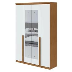 Guarda Roupa Solteiro Alonzo 4 Portas Amêndoa Clean Branco com Espelho - Lopas