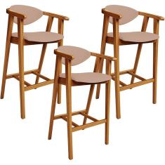 Kit 3 Banquetas Altas Cecília L02 Assento em Linho Estrutura em Madeira Encosto Fixo Rosê para Cozinha